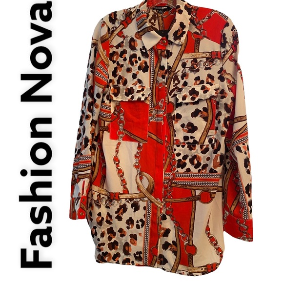 Fashion Nova Chains-animal Print Long Sleeve Button Up Blouse M NWT - Picture 1 of 12